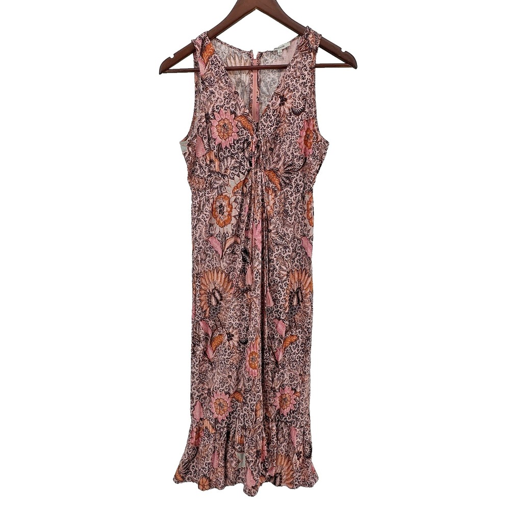 Madewell Lace Up Ruffle Hem Midi Dress in Blush Pink Bali Blooms Size 8 AO273